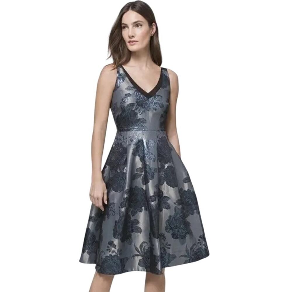 White House Black Market Brocade Fit & Flare Dress Silver & Navy EUC Sz 12